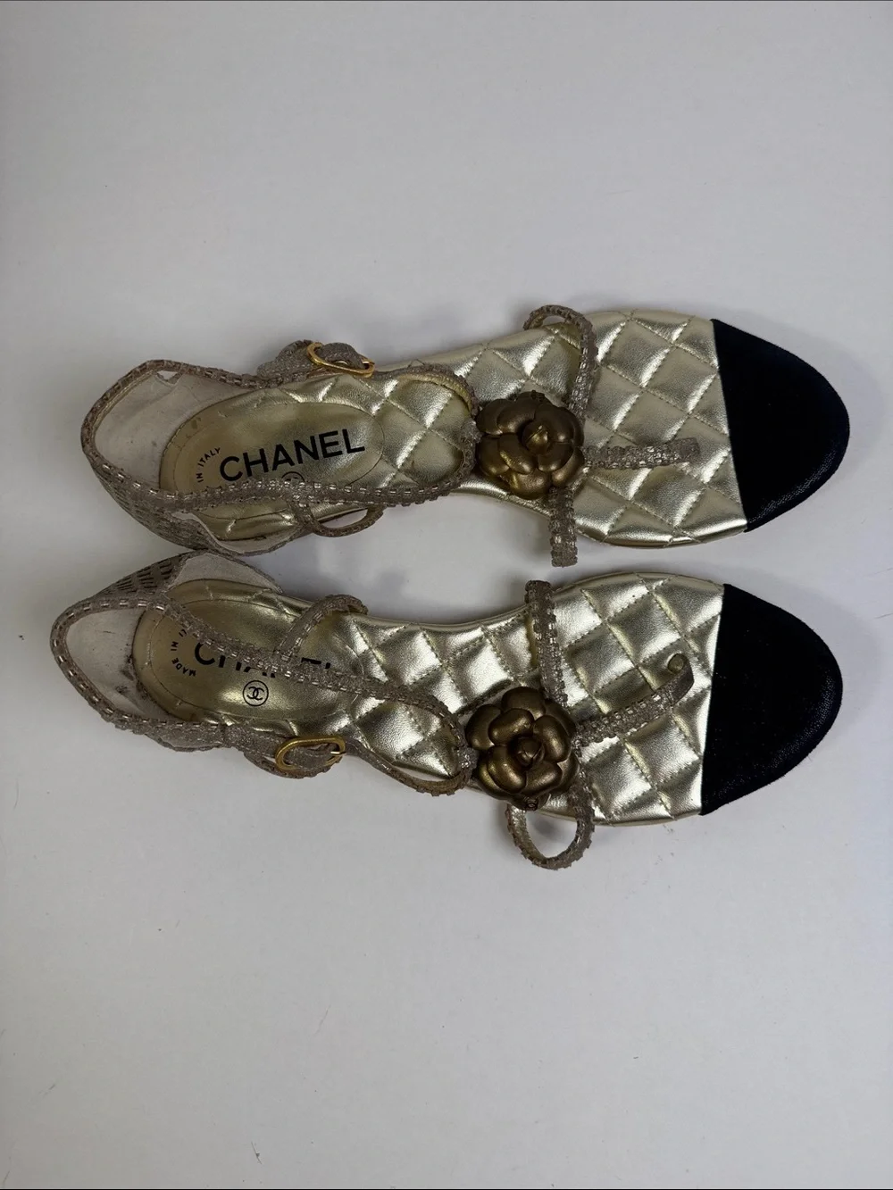 Chanel Gold Quilted CC Camelia Sandals